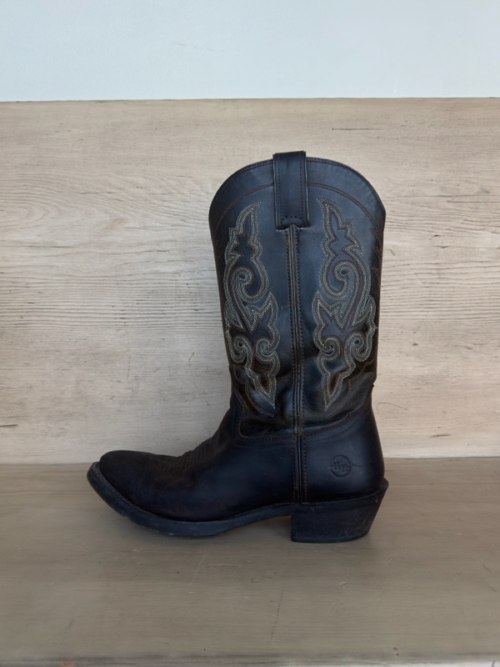 Double H Dark Brown Leather Western Cowboy Boot with Embroidered Shaft